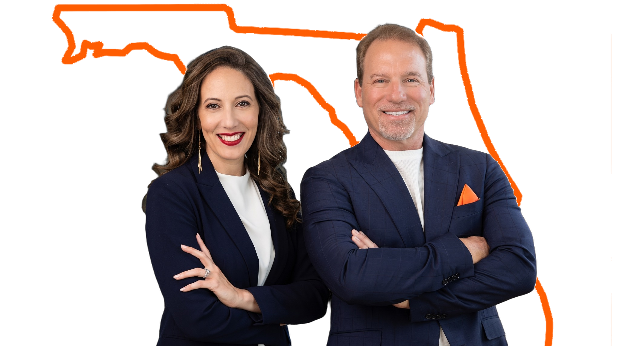 Rachel Rodriguez and Frank J. Russo together in front of an orange outline of Florida